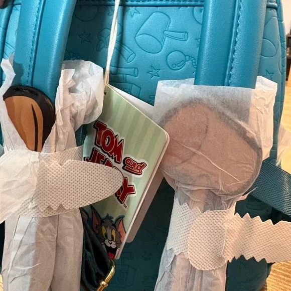 Loungefly Tom & Jerry Blue Gray Pink Faux Fur Backpack with Yellow Cheese Pocket - Picture 4 of 6